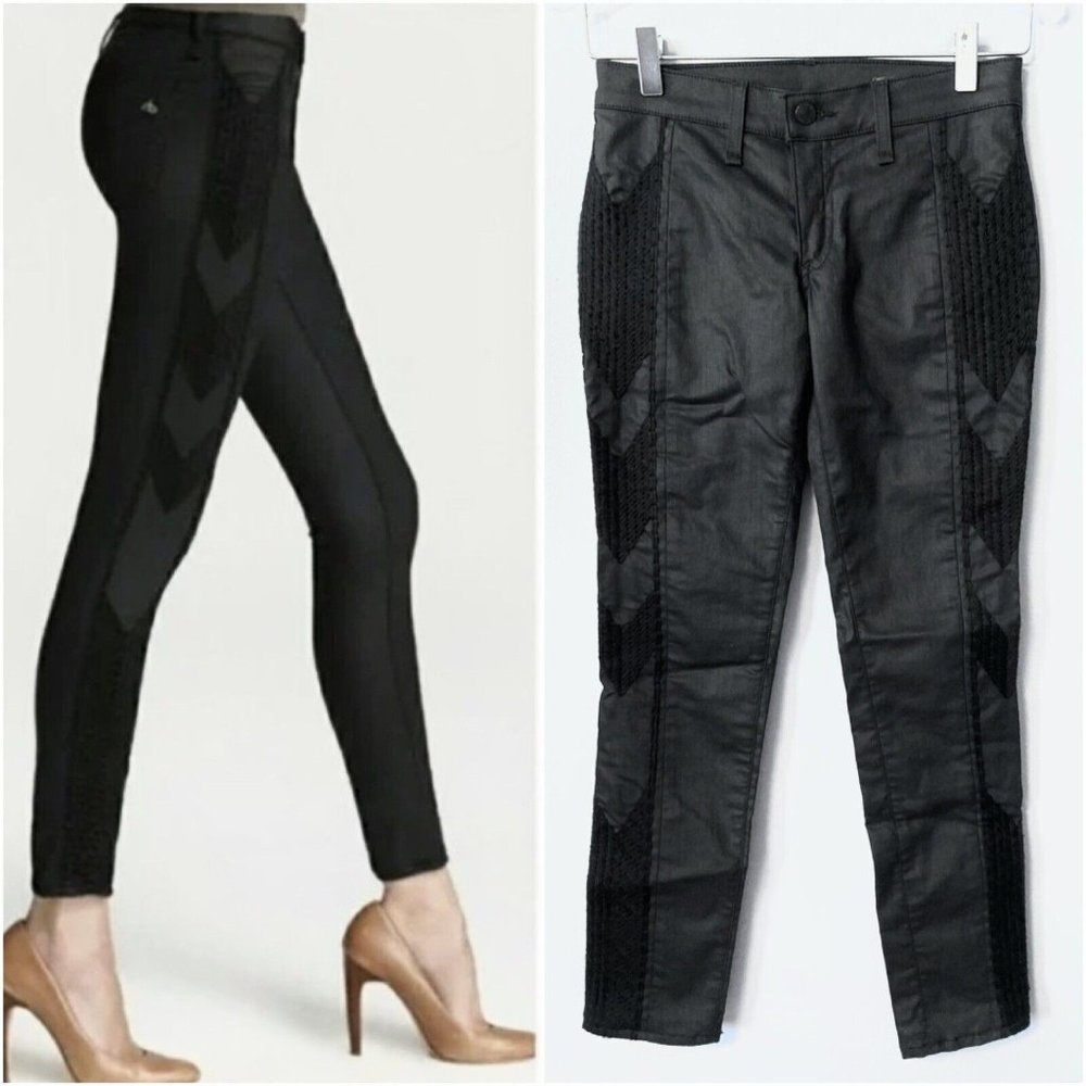 Rag & Bone Raja sz 25 Faux Leather Embroidered Outer Leg Black Perf Cond 25x27